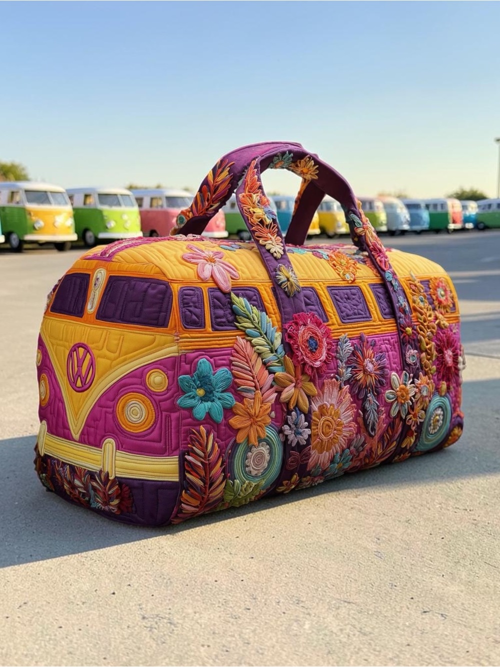 Retro Boho Hippie Van Quilted Duffle Bag Weekender Travel Floral Gym Tote - Picture 5 of 5